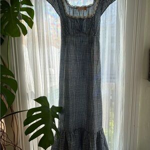 RIXO Navy and White Checkered Midi Dress